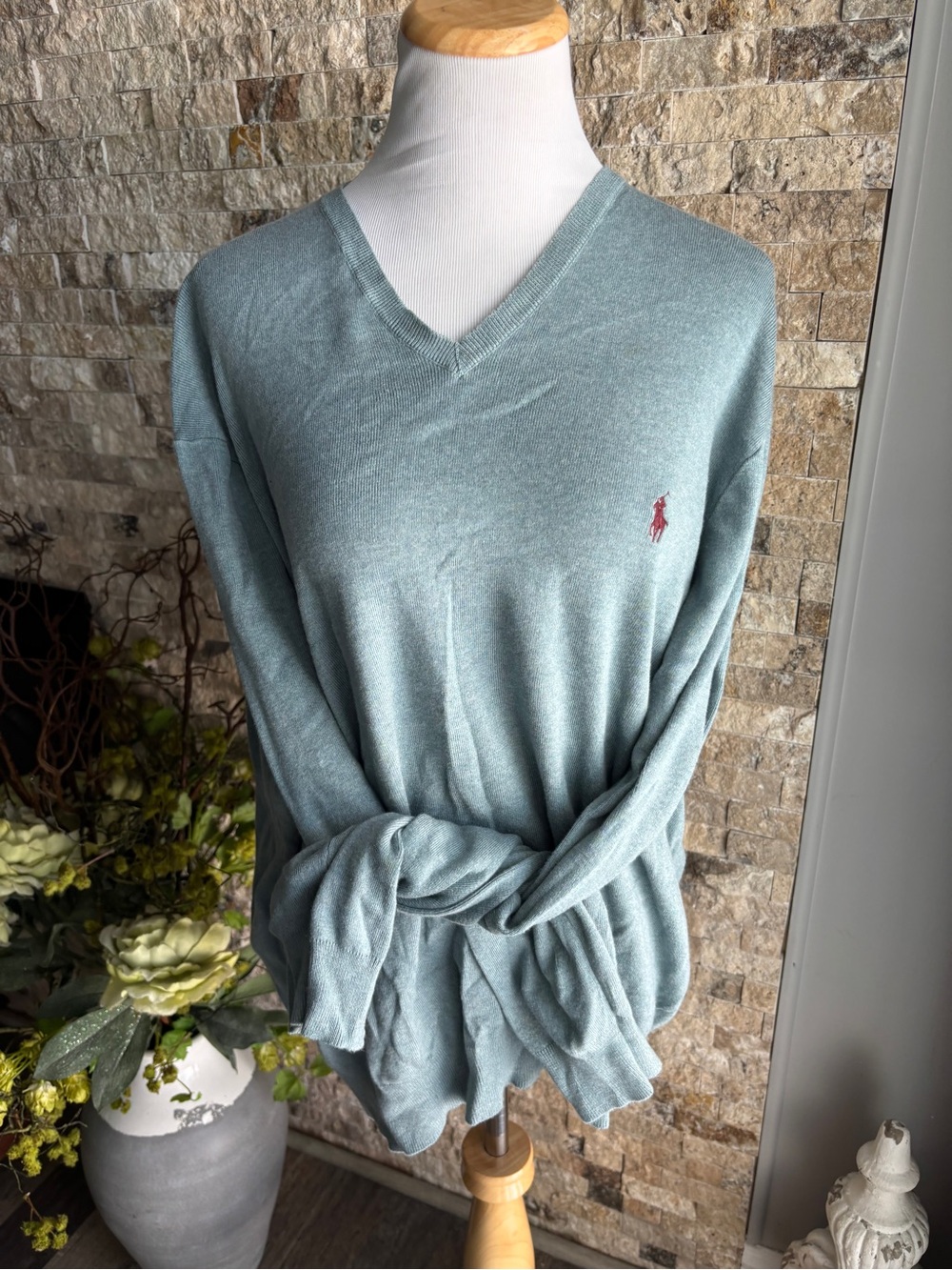 Ralph Lauren Seafoam Green V-Neck Sweater with Pink Pony